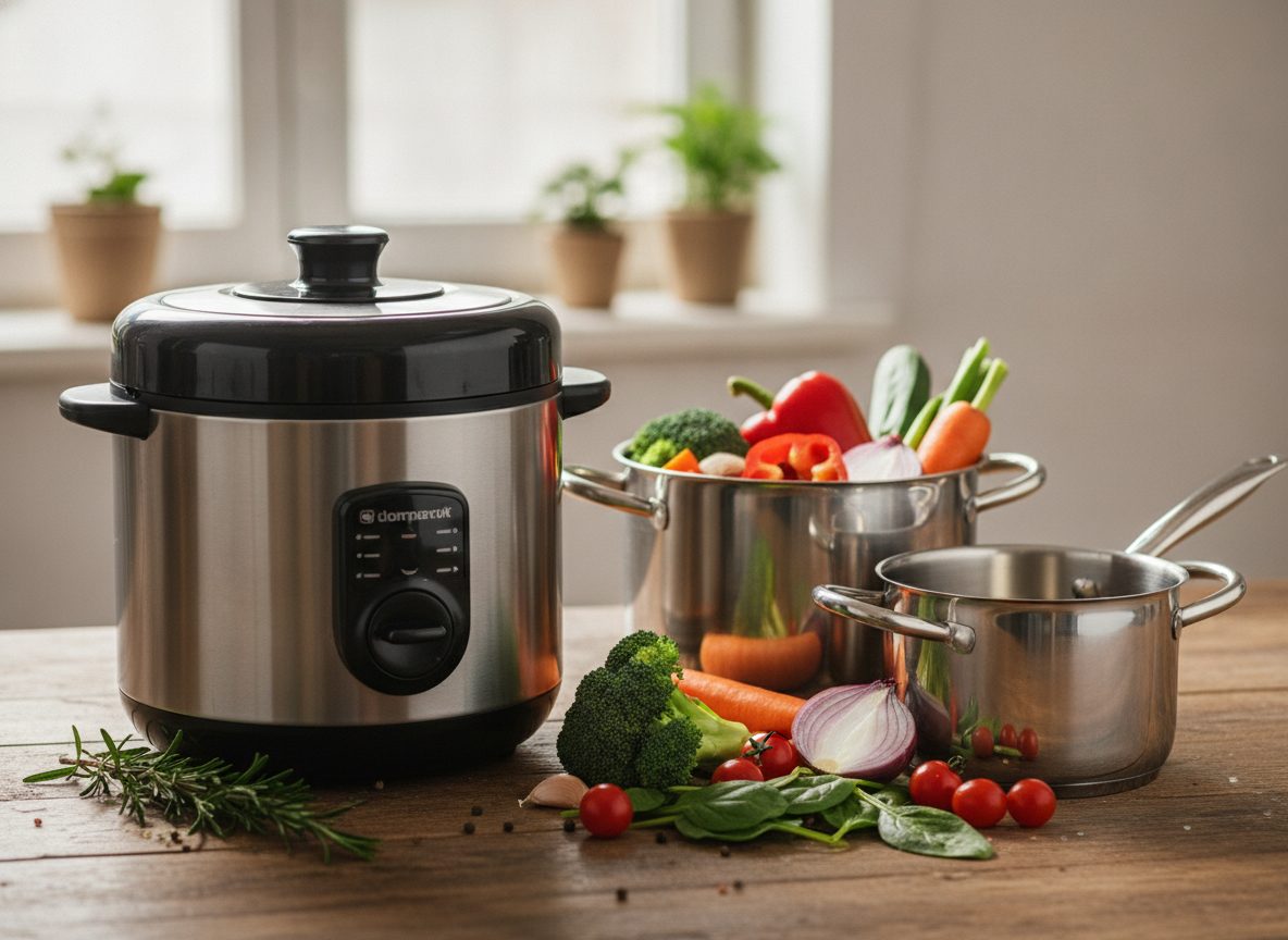 Мини-мультиварка и две кастрюли разного объёма с овощами на столе