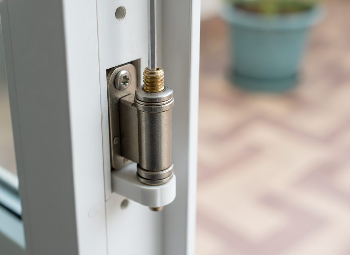 Нижняя петля балконной двери с регулировочным винтом и снятым колпачком